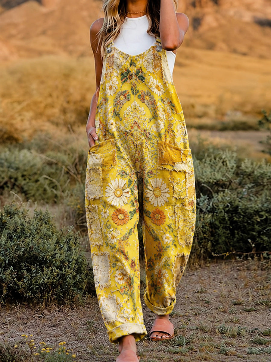 Women's Retro Style Art Print Washed Cotton Denim Patchwork Jumpsuit